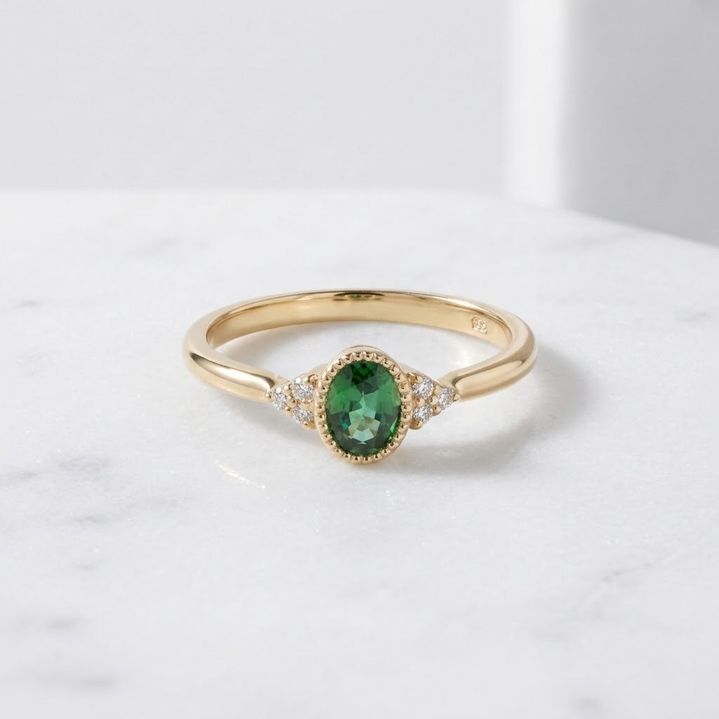 bague de fiançailles or 18k saphir vert et diamants
