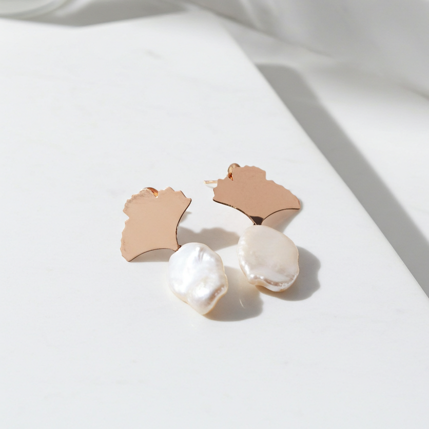 Boucles d'oreilles Gingko en argent 925 plaquées or rose et perles keishis