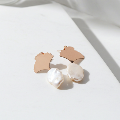 Boucles d'oreilles Gingko en argent 925 plaquées or rose et perles keishis